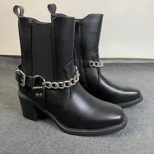Pazzle Chain Accent Ankle Boots Women's Black Block Heel Square Toe Sz 7.5 NWOT‎ thumbnail 1