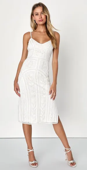 NWT Lulus Alluring Interest White Sequin Embroidered Sleeveless Dress Wedding L thumbnail 1