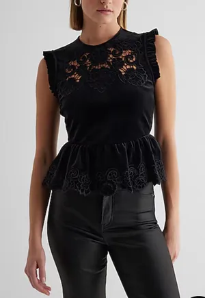 EXPRESS Velvet Crew Neck Lace Embroidered Peplum Top thumbnail 1