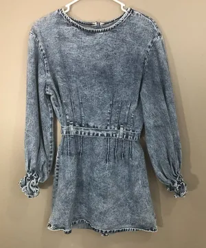 Redial Denim Dress Women Large Blue Good Acid Wash Long Puff Sleeve Mini Belted thumbnail 1