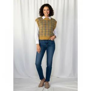 ZARA Chunky Wool Sweater Vest Plaid Star Pattern Yellow Gray Academia Small thumbnail 10