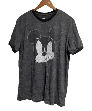 Disney Mickey‎ Mouse Grumpy Face Graphic Ringer T-Shirt Gray Black Large thumbnail 1