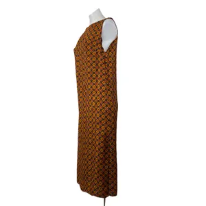 Women's Brown 100% Silk Geometric Sleeveless Bateau Neck A Line Midi Dress 12 thumbnail 2