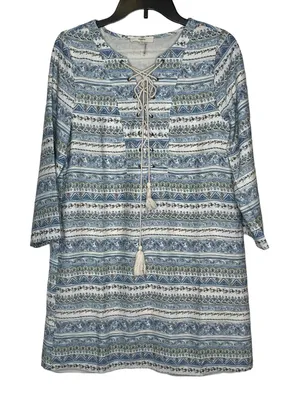 Entro Women's Shift Dress Tunic Floral Tasseled Tie‎ Long Sleeve Lace Up Small thumbnail 1