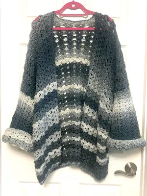 Handcrafted oversized Crochet Cardigan Granny Stitch Wide Sleeve gray ombré thumbnail 1