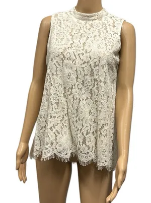 Rose + Olive Cream Sleeveless High Neck Lace Overlay Keyhole Back Top Blouse S thumbnail 1