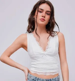 Cider Women's S Lace Tank Top Crop White Plunge Neck‎ Y2K Coastal Romantic NWT thumbnail 1