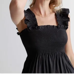 NWT Quince Smocked Midi Dress Black Women's Size XS (100% Organic Cotton) thumbnail 2