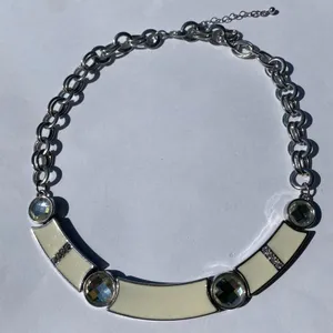 🤍 Y2K 2000s White Enamel Panel Clear Faceted Rhinestones Silver Tone Metal Double Cable Chain Necklace 🤍 thumbnail 1