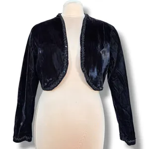 Vintage Black Velvet Bolero Cropped Jacket Beaded Trim Open Front Evening Shrug thumbnail 7