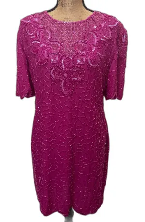 Vintage 80s Scala Beaded Sequin Cocktail Party Dress Fuschia Pink Size‎ PXL thumbnail 1