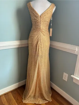 Gold Sequin Ruched V-Neck Prom Gown thumbnail 2