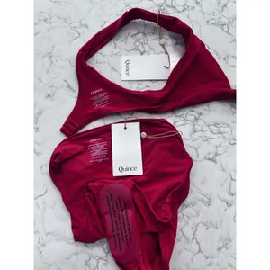 NWT Quince Cherry Red Italian Plunge Bikini Top & High Rise Hight Leg Bottom Set thumbnail 3