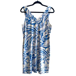 J.McLaughlin Sheath Dress Womens L Blue‎ White Abstract Swirl Preppy V-Neck Mini thumbnail 2