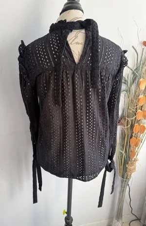 Madewell‎ Black Eyelet Ruffle High Neck Tie Back Long Sleeve Blouse Top 2766 thumbnail 1