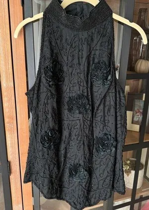 Vintage Reggio beaded rosettes roses top blouse mock neck sleeveless embroidered thumbnail 1