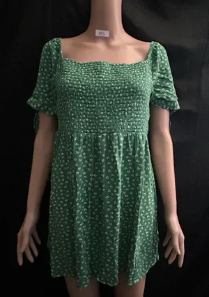 American Eagle Green & White Floral Smocked Square-Neck Mini Dress MD thumbnail 1