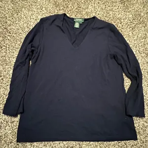 Lauren Ralph Lauren Womens Navy Blue V-Neck Long Sleeve‎ Stretch Jersey Top M thumbnail 1
