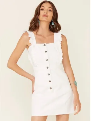 Elan Dress Size Medium White Denim Ruffle Frayed Button‎ Front Coastal Cowgirl thumbnail 12