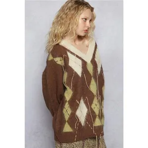 POL V-Neck Argyle Pattern Mohair Sweater with‎ Contrast Exposed Stitch Detail thumbnail 13