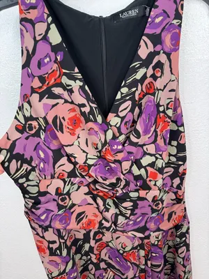 Lauren Ralph Lauren Dress Size 12 Black Floral Fit & Flare V-Neck Sleeveless thumbnail 3