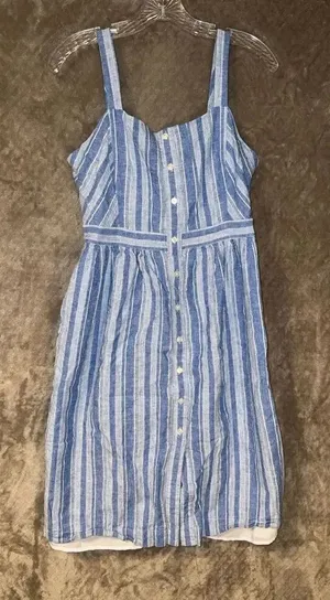 Draper James Linen Blend Blue & White Striped Midi Pocket Dress Size 8 #780 thumbnail 1