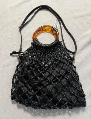 Anthropologie Black Macrame Net Bag‎ Tortoiseshell Ring Handle Crossbody Pouch thumbnail 1