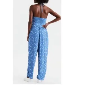 NWT American Eagle Bella Smocked Jumpsuit Sz XL Blue Floral Cottagecore thumbnail 2