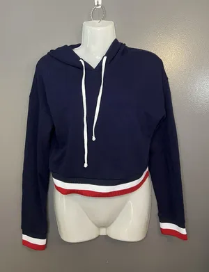 Bozzolo Hoodie Womens Large Navy Cropped Pullover Sweatshirt Red White Trim thumbnail 1