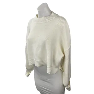 Free People Women's White Cream Ribbed Knit Mock Neck Cropped Sweater Top Sz XS thumbnail 3