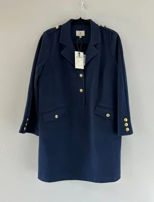 Tuckernuck Malia Dress Navy Blue Gold Button Knit A-Line Size M thumbnail 1