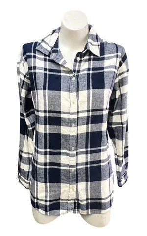 LOFT Women's Plaid Flannel Tunic Shirt Navy Blue & White Size M thumbnail 1