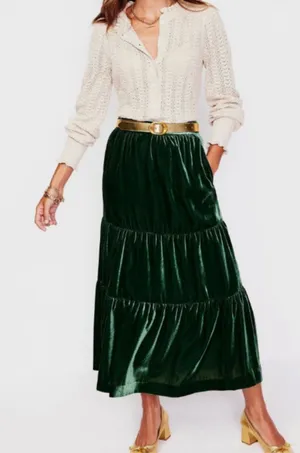 Boden Green Viv Velvet Tiered Maxi Skirt‎ Sz 14 thumbnail 1
