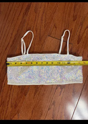 SHEIN iridescent white strappy sequin crop with bag - Size Small. Gently warn & great used condition. embellishments for a sparkly look. Measurements approximately 14.5” from armpit to armpit not fully stretched out x 6” long. Non-smoking home. priced to sell at as is condition. Don’t like my price, make reasonable offer! And thank you for checking my closet. thumbnail 6