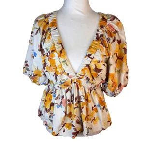 Abercrombie & Fitch Floral Linen Blend Peplum Babydoll Top Womens S Puff Sleeve‎ thumbnail 2