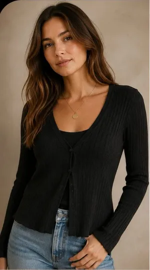 Old Navy Black Ribbed V-Neck Long Sleeve Cardigan xl with cami top thumbnail 1