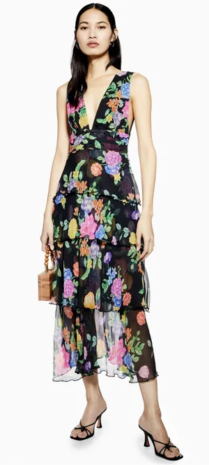 Topshop Black Floral Plunge Pinafore Dress thumbnail 1