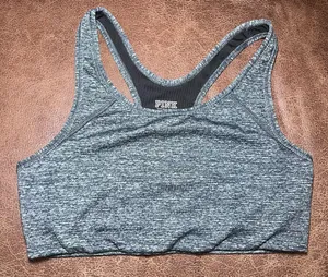 PINK Ultimate Womens Sports Bra Gray Heathered Medium Support Racerback Wireless thumbnail 1