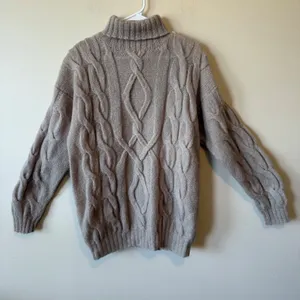 VTG Women Wool Mohair Cable Knit Turtleneck Sweater M Taupe Handknit Chunky thumbnail 8