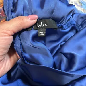 Lulus Classic Elegance Blue Satin Sleeveless Mock Neck Maxi Dress thumbnail 9
