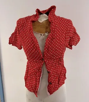 Zara MD red short sleeve red white heart oil stained button up thumbnail 1