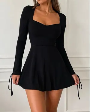 Oh Polly Black Long Sleeve Skater Mini Dress US 0 Coquette Party thumbnail 1