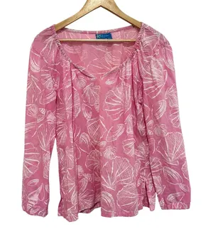 Fresh Produce Pink Seashell Cotton Long Sleeve Top Blouse Made in USA M/L Beach thumbnail 1