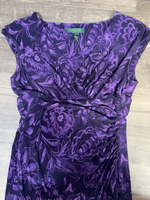 Lauren Ralph Lauren Purple Floral Faux Wrap Ruched Dress Size 4 thumbnail 4