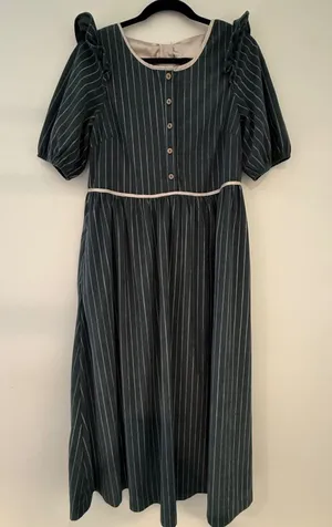 Vintage Style Corduroy Pinstripe Midi Dress Green Puff Sleeve Double Bow Back thumbnail 1