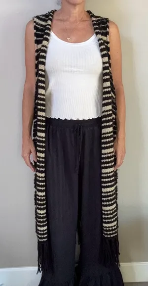 Chico’s Black & Gold striped Faron Knit Fringe long open front sweater vest XL 3 thumbnail 1