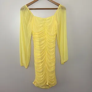Pretty garden butter yellow mini‎ dress long sheer sleeves ruched body Size S thumbnail 8