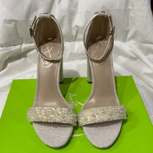 NEW Sam Edelman Sz‎ 8Yaro Perla Open Toe Silk Tweed 4” Dazzling Heels Tan thumbnail 8
