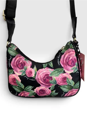 Juicy Couture Black Pink Rose Floral Print Mini Shoulder Bag Gold Chain Strap thumbnail 5