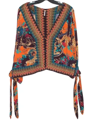 Free People Catch Me If You Can Top Boho Hippie Festival Western Button Up Tie S thumbnail 1